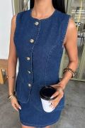 Kolsuz Yelekli Mini Etekli Denim Takım 10164 resmi
